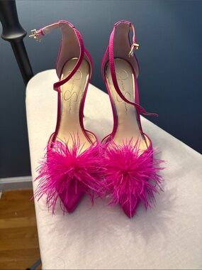 Jessica Simpson Hot Pink Feather Pointed-Toe Ankle-Strap Heels